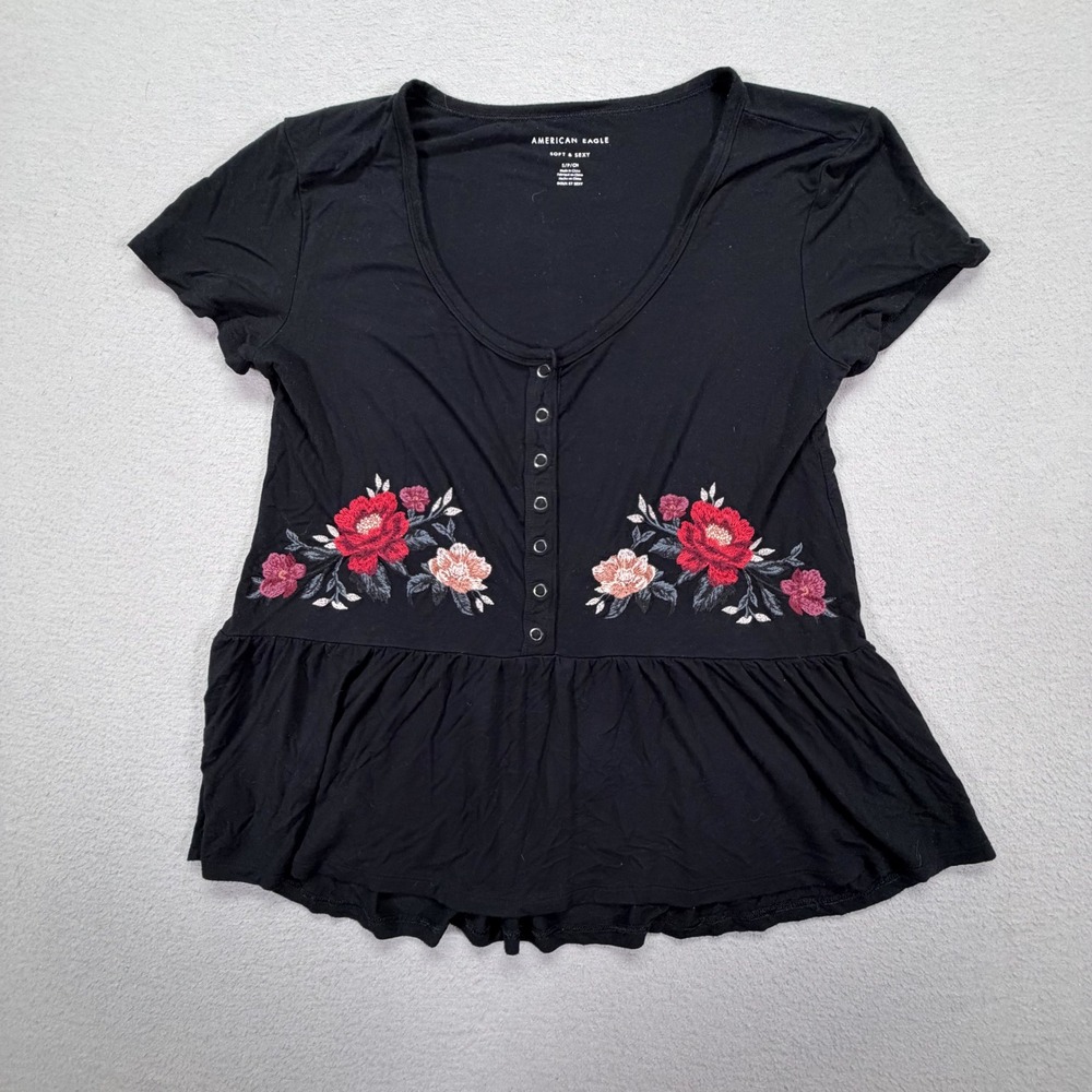American Eagle Womens Peplum Top Regular Black Floral Embroidered Small